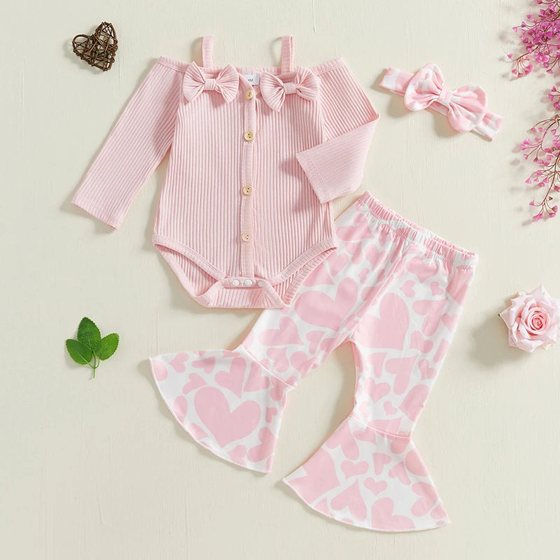 Baby Girls Fall Clothes Outfits Cold Shoulder Long Sleeves Romper and Heart Print Flared Pants with Headband 3 Piece Sets