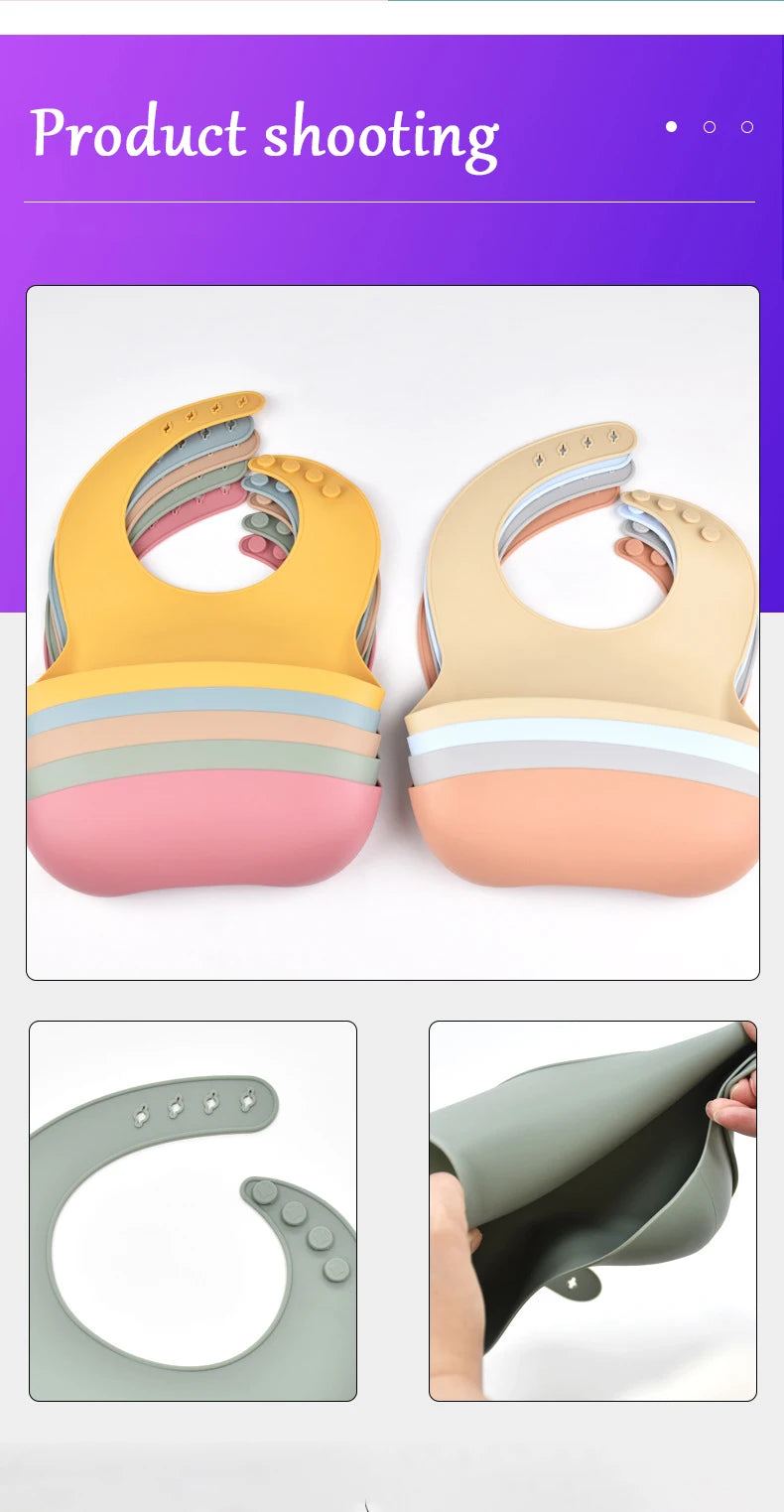 Baby Silicone Bib Waterproof Soft Solid Color 4-speed Adjustable Bibs Newborn Lunch Feeding Saliva Pocke Kids Eating Accessories