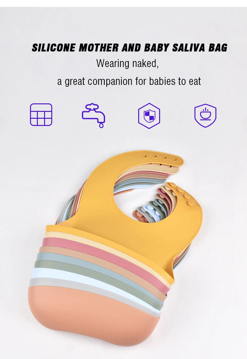 Baby Silicone Bib Waterproof Soft Solid Color 4-speed Adjustable Bibs Newborn Lunch Feeding Saliva Pocke Kids Eating Accessories