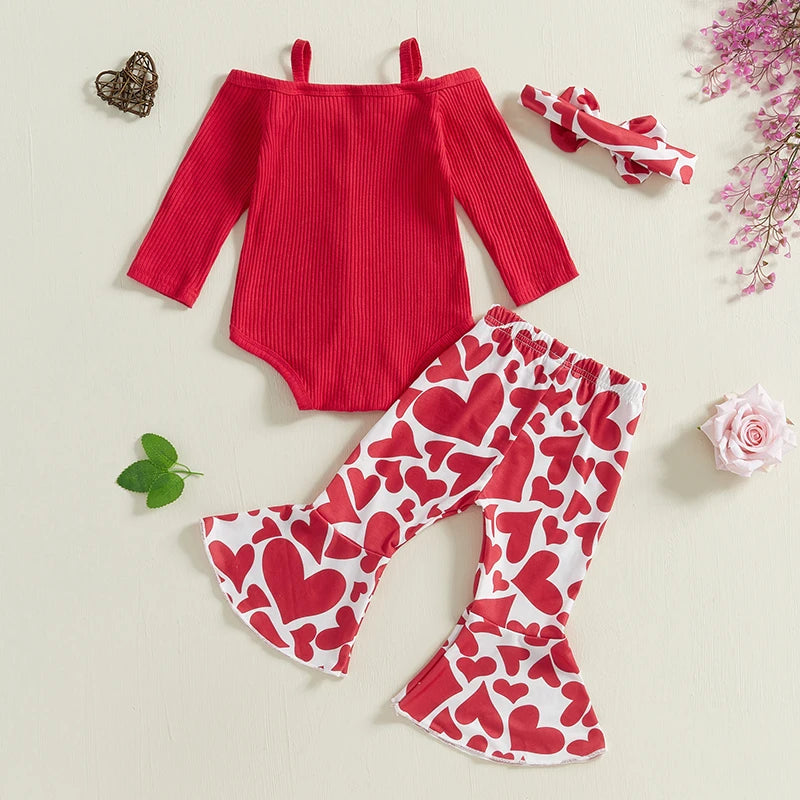 Baby Girls Fall Clothes Outfits Cold Shoulder Long Sleeves Romper and Heart Print Flared Pants with Headband 3 Piece Sets