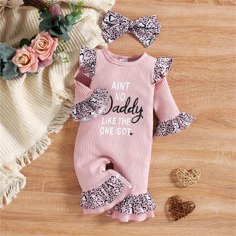 Newborn Baby Girl Romper Long Sleeve Jumpsuit Infant Letter Printed Outfits Ruffle Bodysuit Kids Spring Fall Baby Girls Clothes