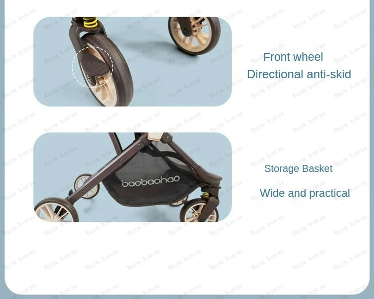 Lightweight foldable stroller Can sit, lie down, two-way Newborn baby stroller with high view Four wheel Trolley Cart