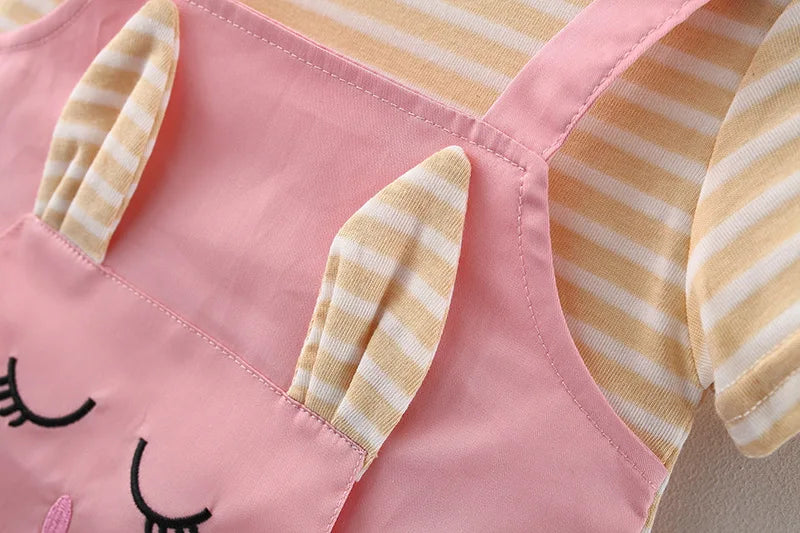 Summer Baby Cartoon Cat Dress Striped Short Sleeve Top Suspended Princess Dress 0-3 Year Old Girls' Clothing