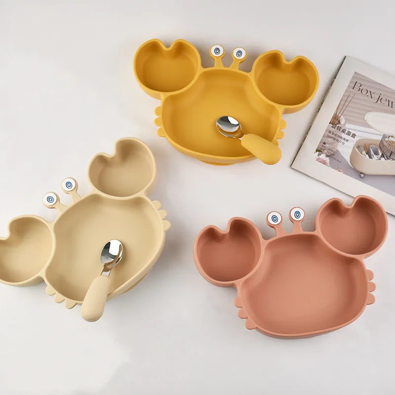 Baby Bowls Plates Fork spoon Set Silicone Suction Feeding Food Tableware BPA Free Non-Slip Baby Dishes Crab Food Feeding Bowl