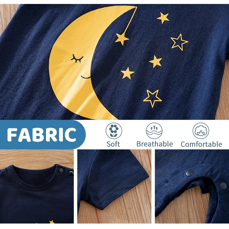 Summer Boys And Girls Cute Cartoon Moon Print Cotton Comfortable Casual Baby Short Sleeve Bodysuit