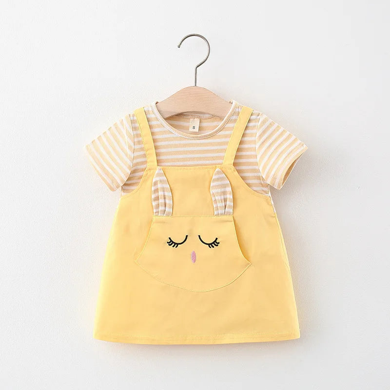 Summer Baby Cartoon Cat Dress Striped Short Sleeve Top Suspended Princess Dress 0-3 Year Old Girls' Clothing