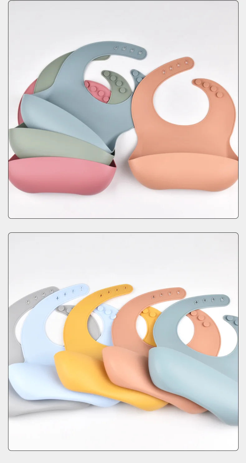 Baby Silicone Bib Waterproof Soft Solid Color 4-speed Adjustable Bibs Newborn Lunch Feeding Saliva Pocke Kids Eating Accessories