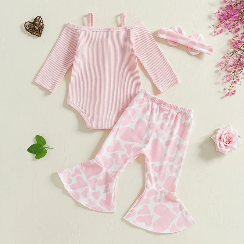 Baby Girls Fall Clothes Outfits Cold Shoulder Long Sleeves Romper and Heart Print Flared Pants with Headband 3 Piece Sets