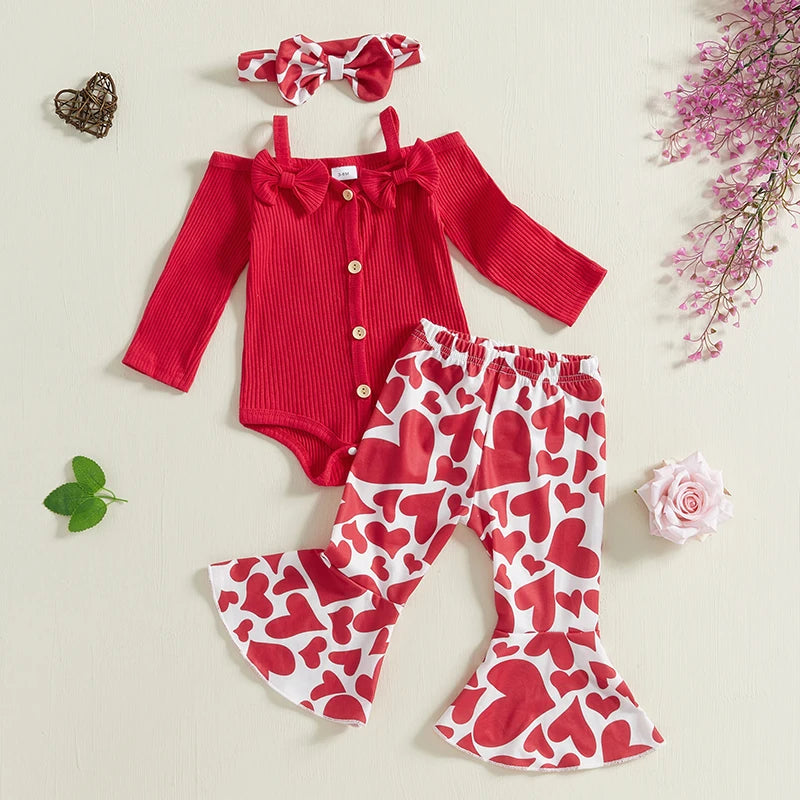 Baby Girls Fall Clothes Outfits Cold Shoulder Long Sleeves Romper and Heart Print Flared Pants with Headband 3 Piece Sets