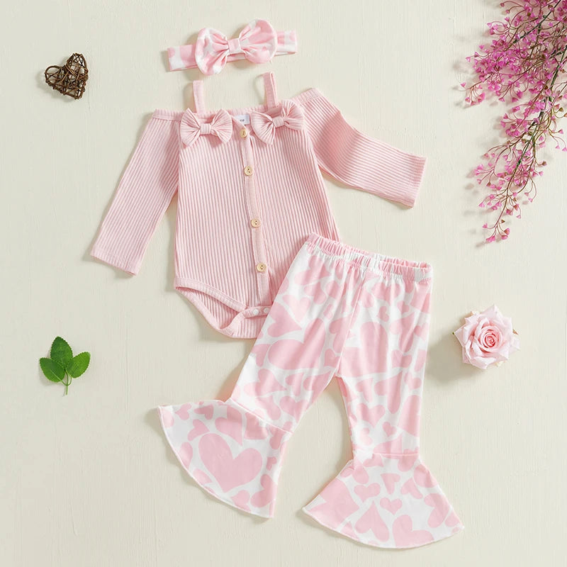 Baby Girls Fall Clothes Outfits Cold Shoulder Long Sleeves Romper and Heart Print Flared Pants with Headband 3 Piece Sets