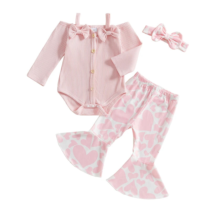 Baby Girls Fall Clothes Outfits Cold Shoulder Long Sleeves Romper and Heart Print Flared Pants with Headband 3 Piece Sets