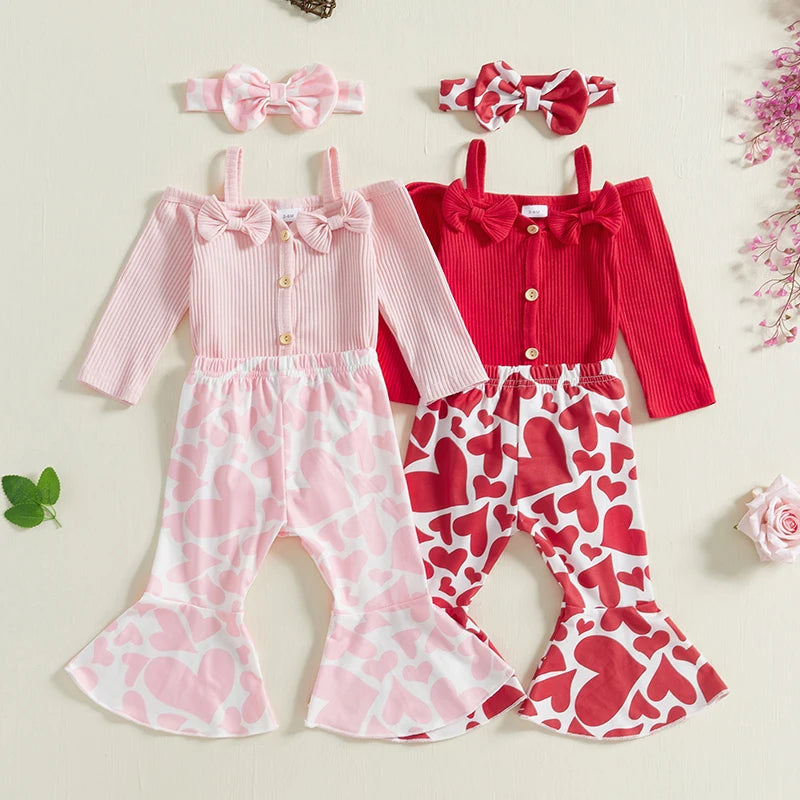 Baby Girls Fall Clothes Outfits Cold Shoulder Long Sleeves Romper and Heart Print Flared Pants with Headband 3 Piece Sets