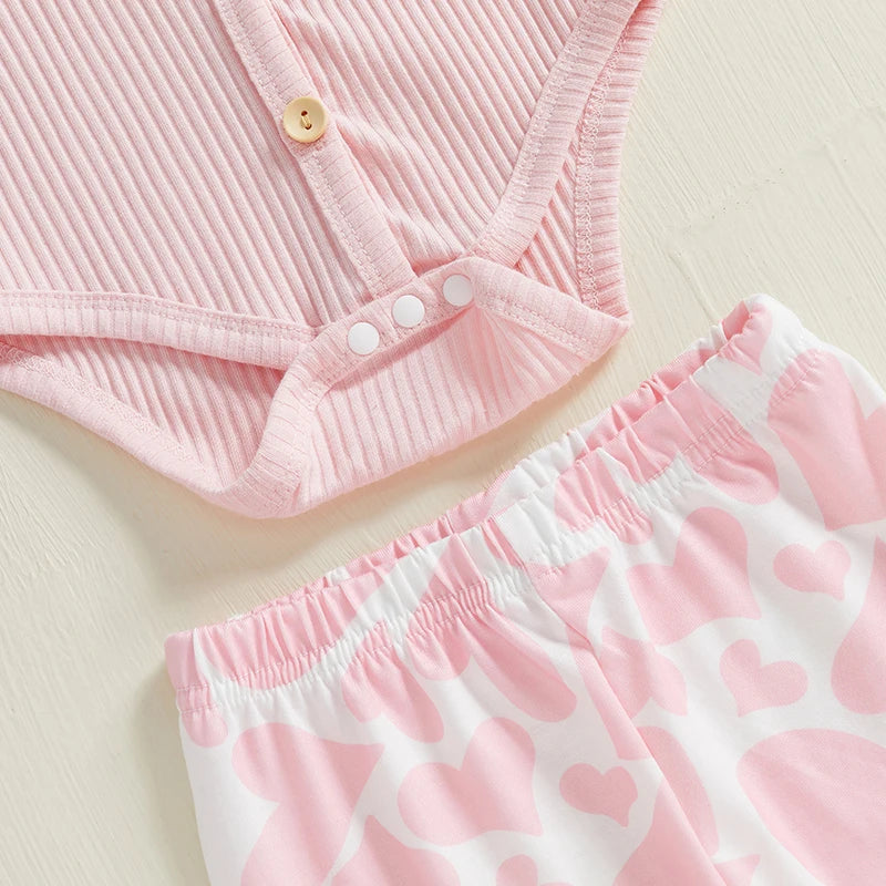 Baby Girls Fall Clothes Outfits Cold Shoulder Long Sleeves Romper and Heart Print Flared Pants with Headband 3 Piece Sets