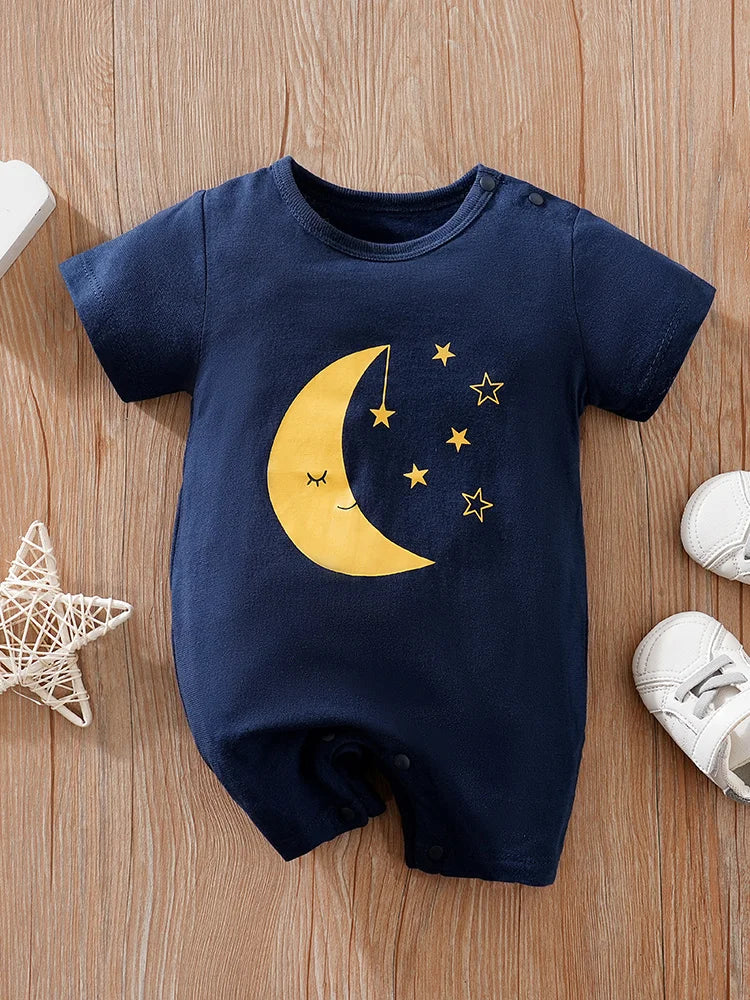 Summer Boys And Girls Cute Cartoon Moon Print Cotton Comfortable Casual Baby Short Sleeve Bodysuit