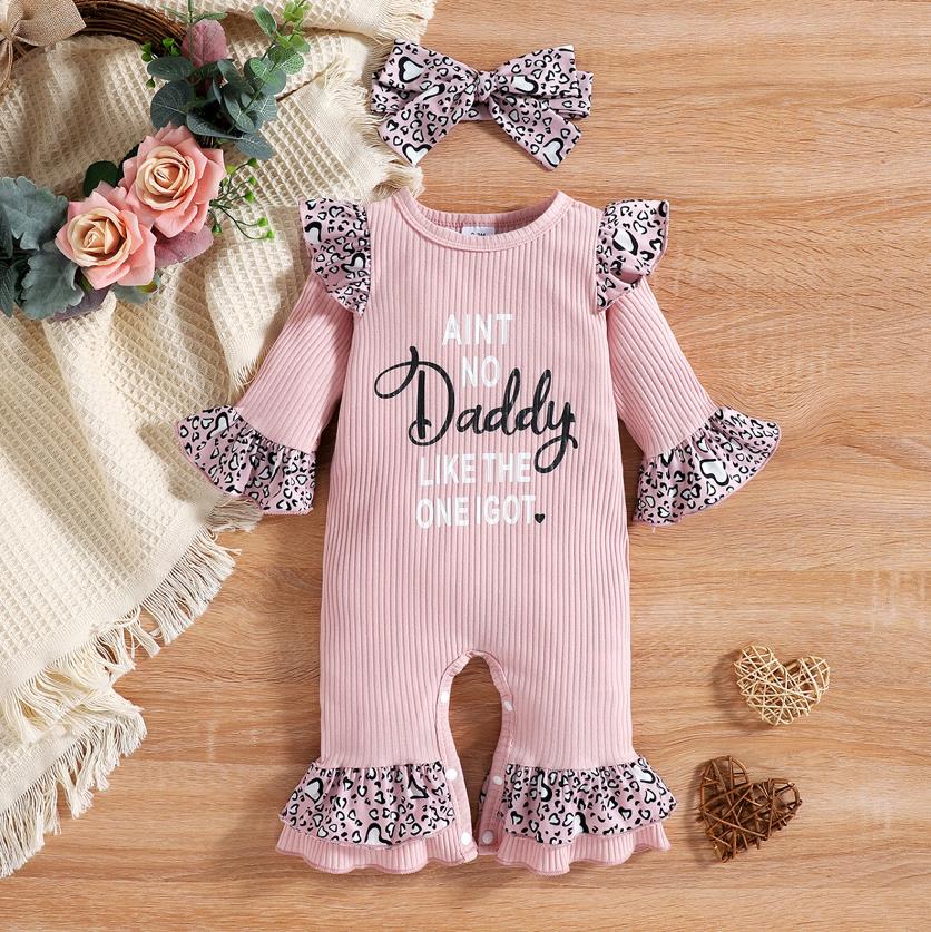 Newborn Baby Girl Romper Long Sleeve Jumpsuit Infant Letter Printed Outfits Ruffle Bodysuit Kids Spring Fall Baby Girls Clothes