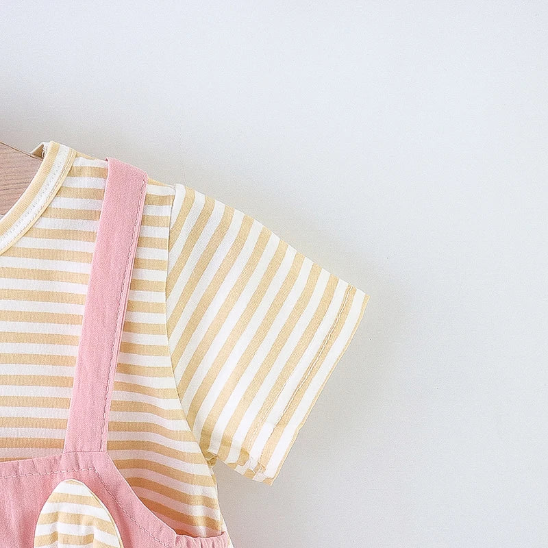 Summer Baby Cartoon Cat Dress Striped Short Sleeve Top Suspended Princess Dress 0-3 Year Old Girls' Clothing