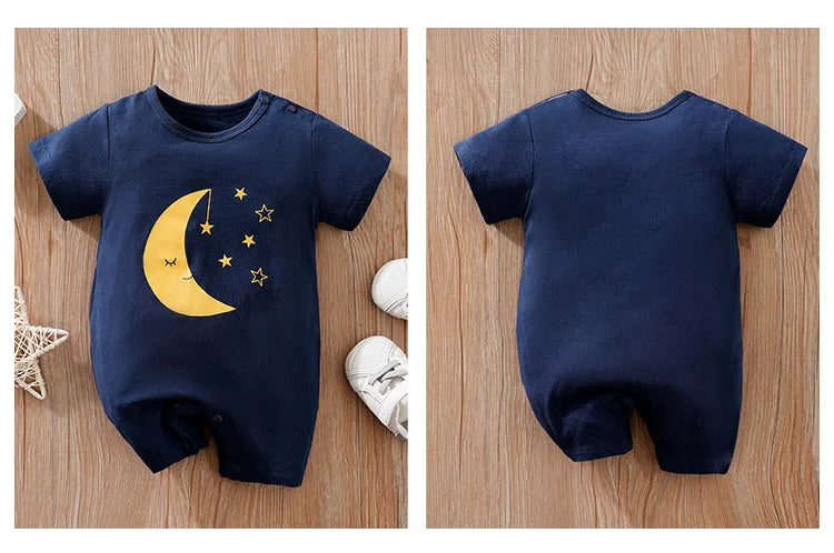 Summer Boys And Girls Cute Cartoon Moon Print Cotton Comfortable Casual Baby Short Sleeve Bodysuit