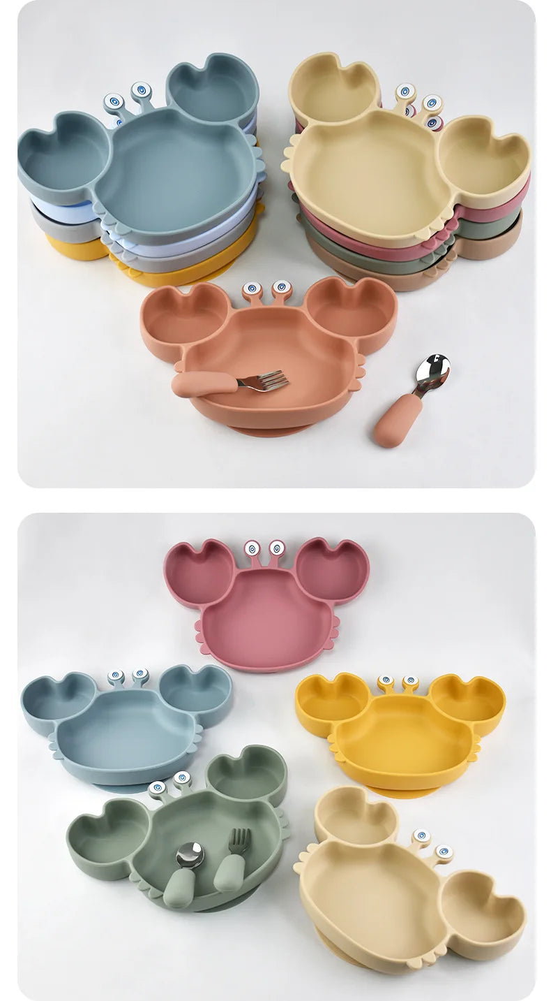 Baby Bowls Plates Fork spoon Set Silicone Suction Feeding Food Tableware BPA Free Non-Slip Baby Dishes Crab Food Feeding Bowl