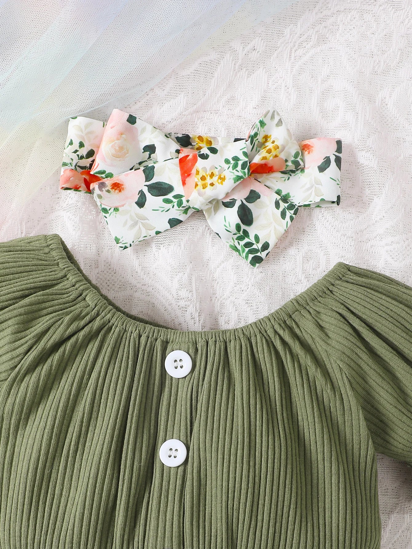 Summer round neck cute casual girl aged 0-2, Cotton Short Sleeved Headscarf, Printed Bow Shorts, Baby Wear