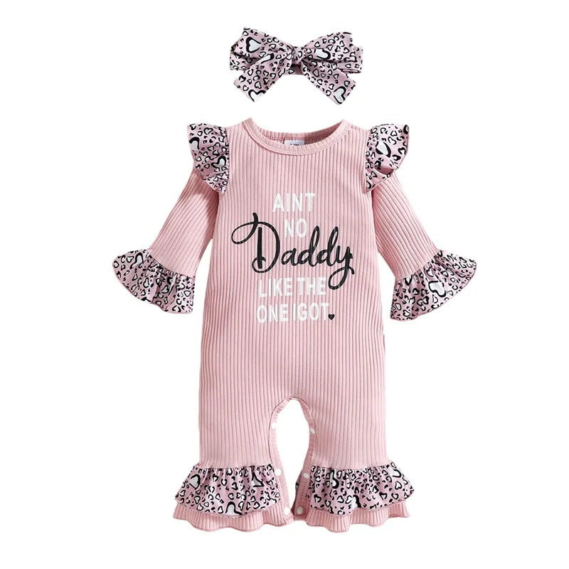 Newborn Baby Girl Romper Long Sleeve Jumpsuit Infant Letter Printed Outfits Ruffle Bodysuit Kids Spring Fall Baby Girls Clothes