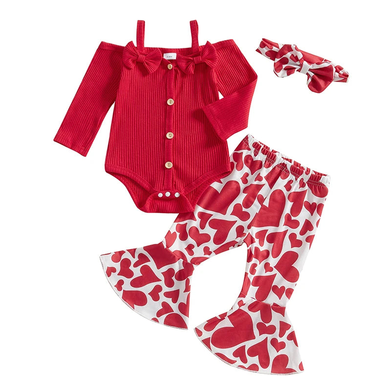 Baby Girls Fall Clothes Outfits Cold Shoulder Long Sleeves Romper and Heart Print Flared Pants with Headband 3 Piece Sets