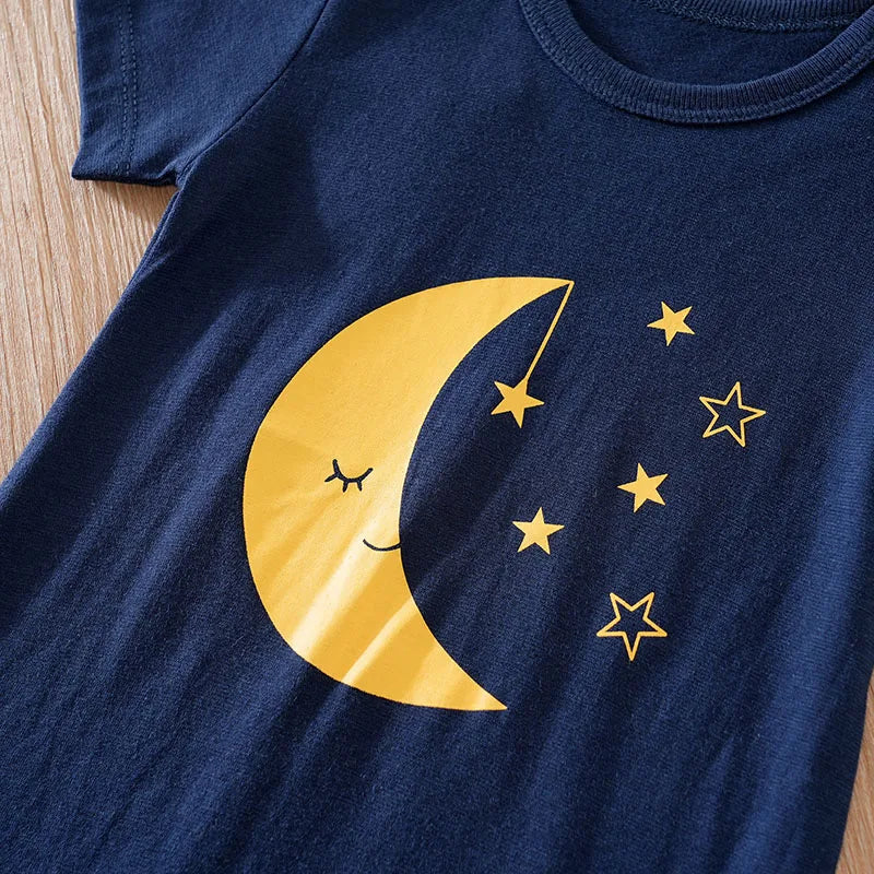 Summer Boys And Girls Cute Cartoon Moon Print Cotton Comfortable Casual Baby Short Sleeve Bodysuit