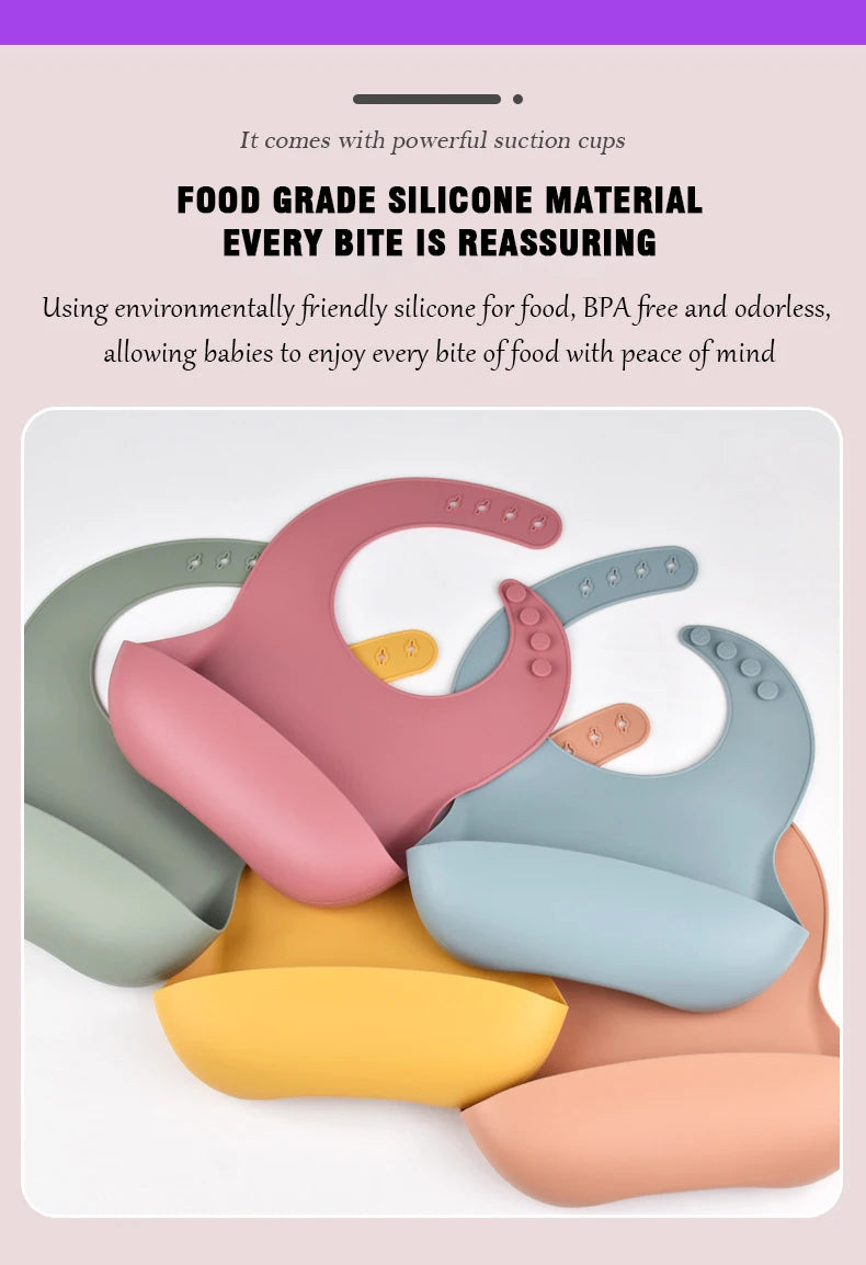 Baby Silicone Bib Waterproof Soft Solid Color 4-speed Adjustable Bibs Newborn Lunch Feeding Saliva Pocke Kids Eating Accessories