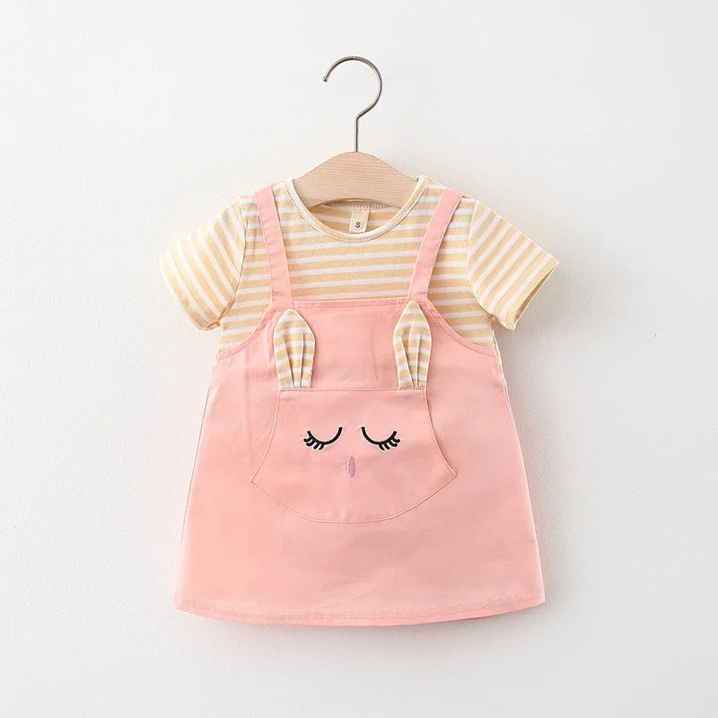 Summer Baby Cartoon Cat Dress Striped Short Sleeve Top Suspended Princess Dress 0-3 Year Old Girls' Clothing